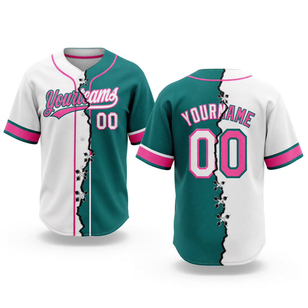 Custom Teal White-Pink Split Ripped Pattern Baseball Pullover Sweatshirt Hoodie