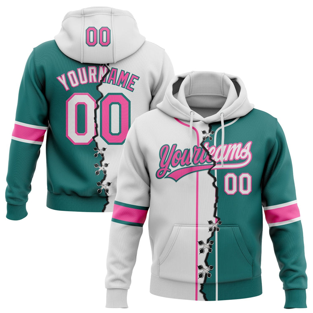 Custom Teal White-Pink Split Ripped Pattern Baseball Pullover Sweatshirt Hoodie photo 1