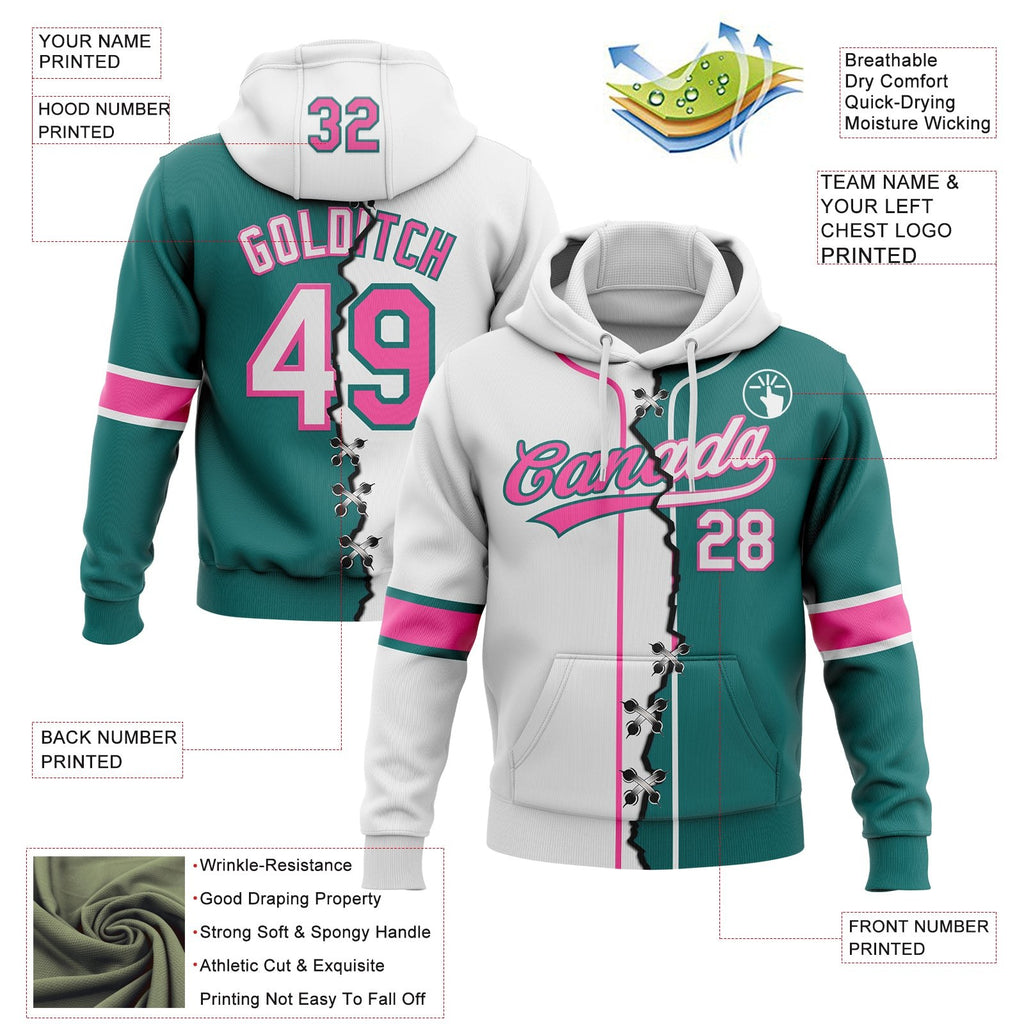 Custom Teal White-Pink Split Ripped Pattern Baseball Pullover Sweatshirt Hoodie photo 3
