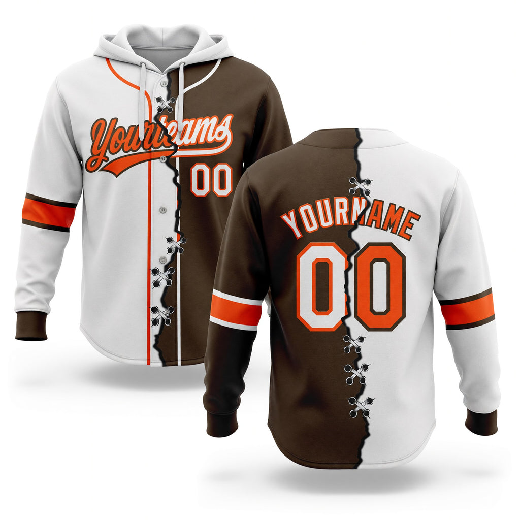 Custom Brown White-Orange Split Ripped Pattern Baseball Pullover Sweatshirt Hoodie