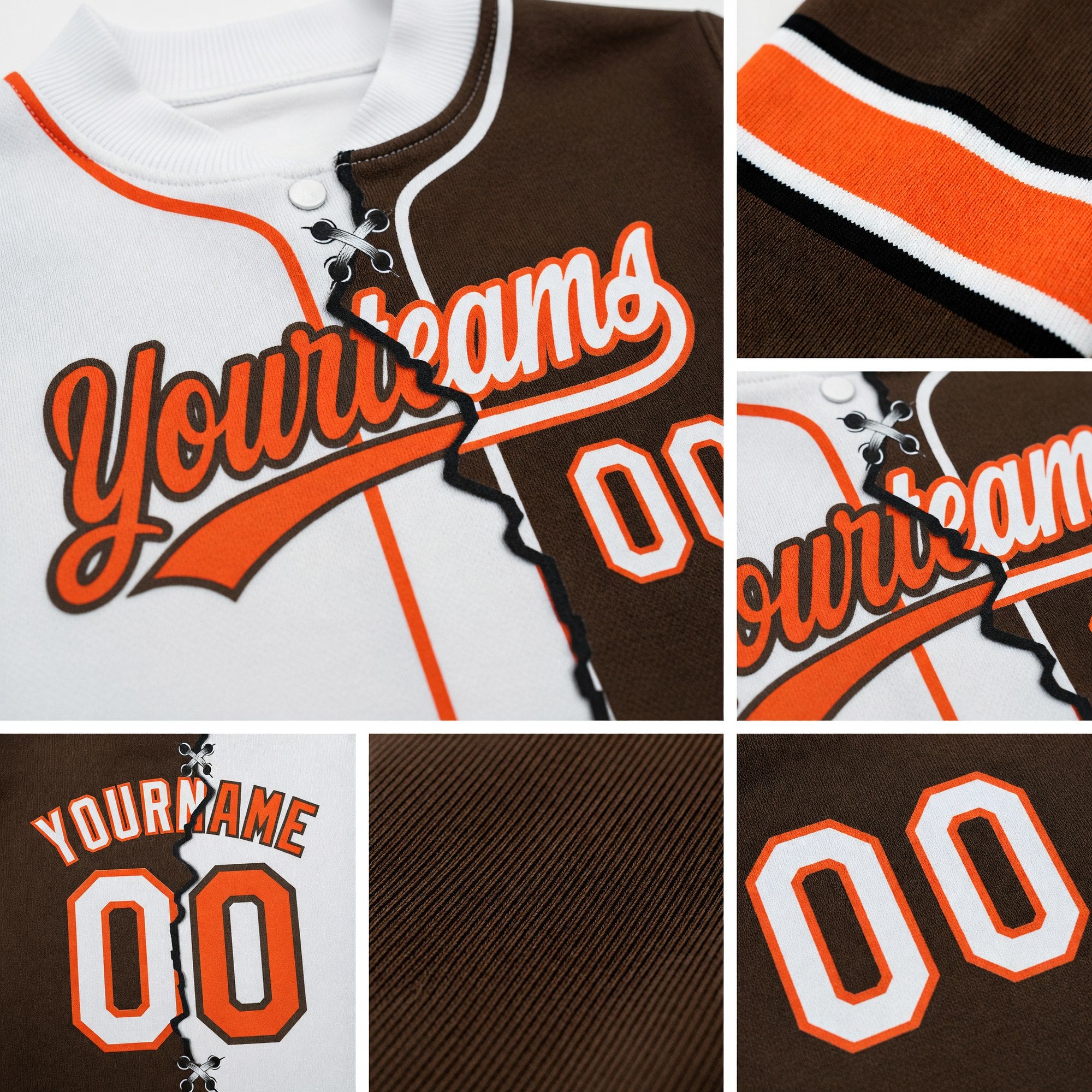 Custom Brown White-Orange Split Ripped Pattern Baseball Pullover Sweatshirt Hoodie detail