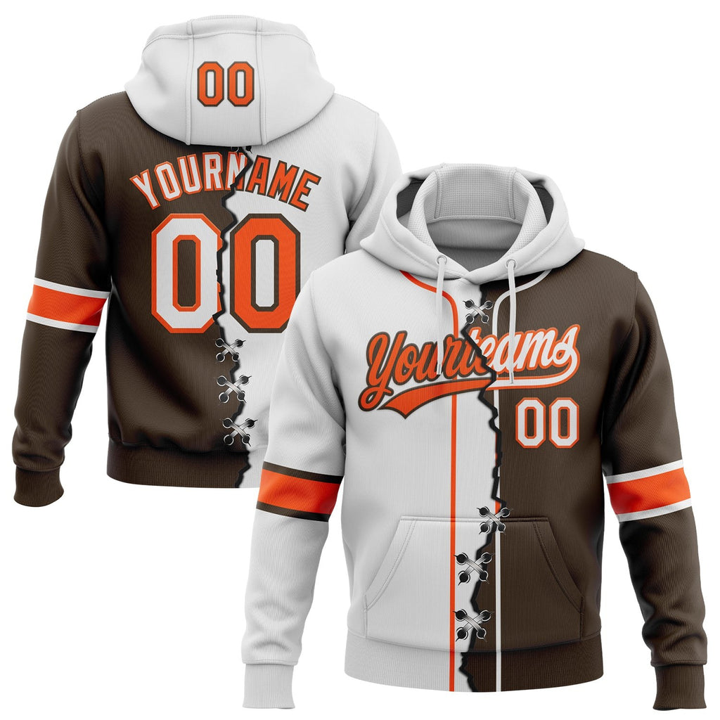 Custom Brown White-Orange Split Ripped Pattern Baseball Pullover Sweatshirt Hoodie photo 1