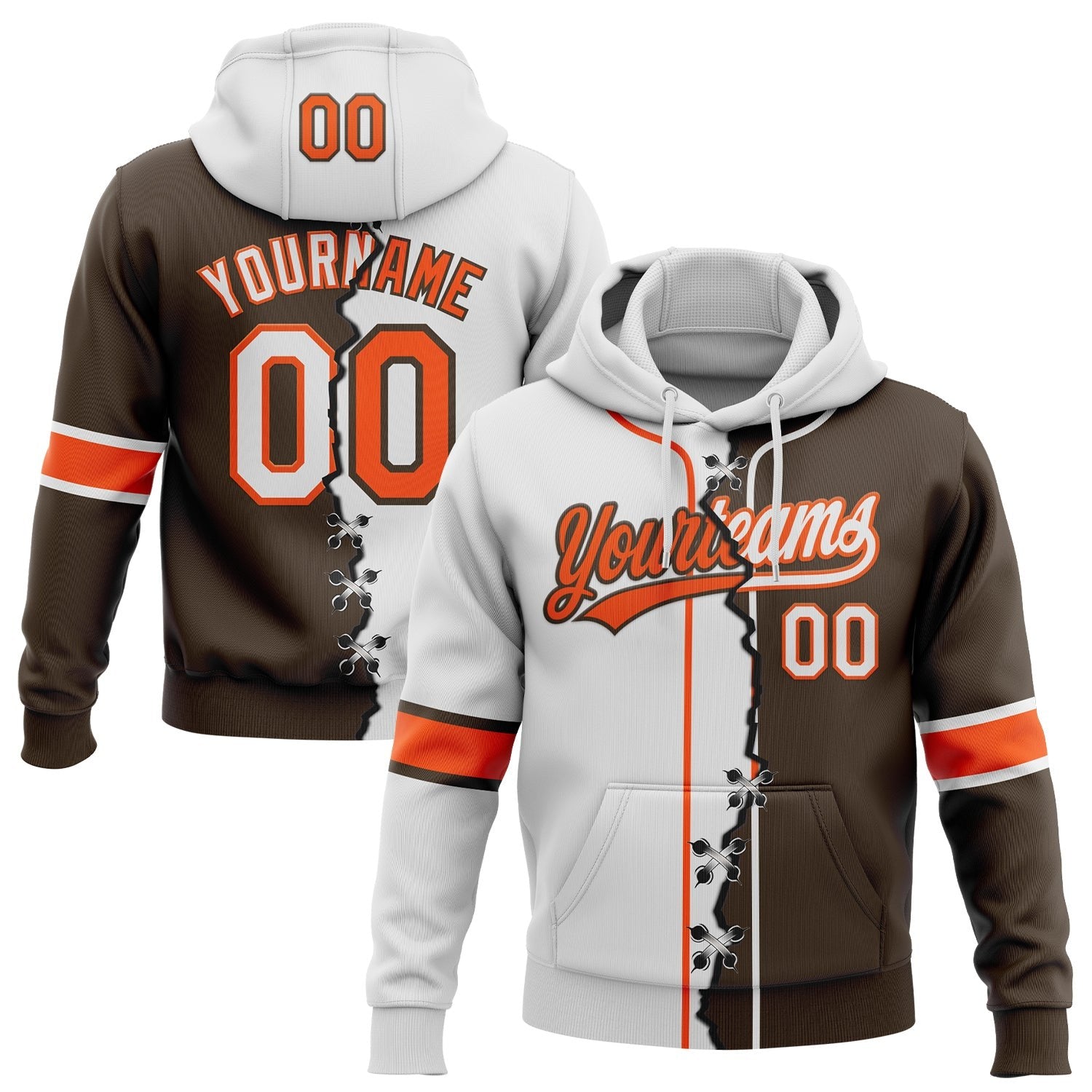 Custom Brown White-Orange Split Ripped Pattern Baseball Pullover Sweatshirt Hoodie photo 1
