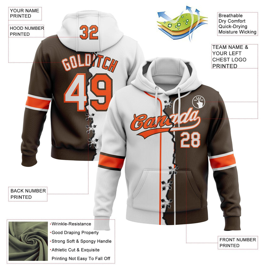 Custom Brown White-Orange Split Ripped Pattern Baseball Pullover Sweatshirt Hoodie photo 3