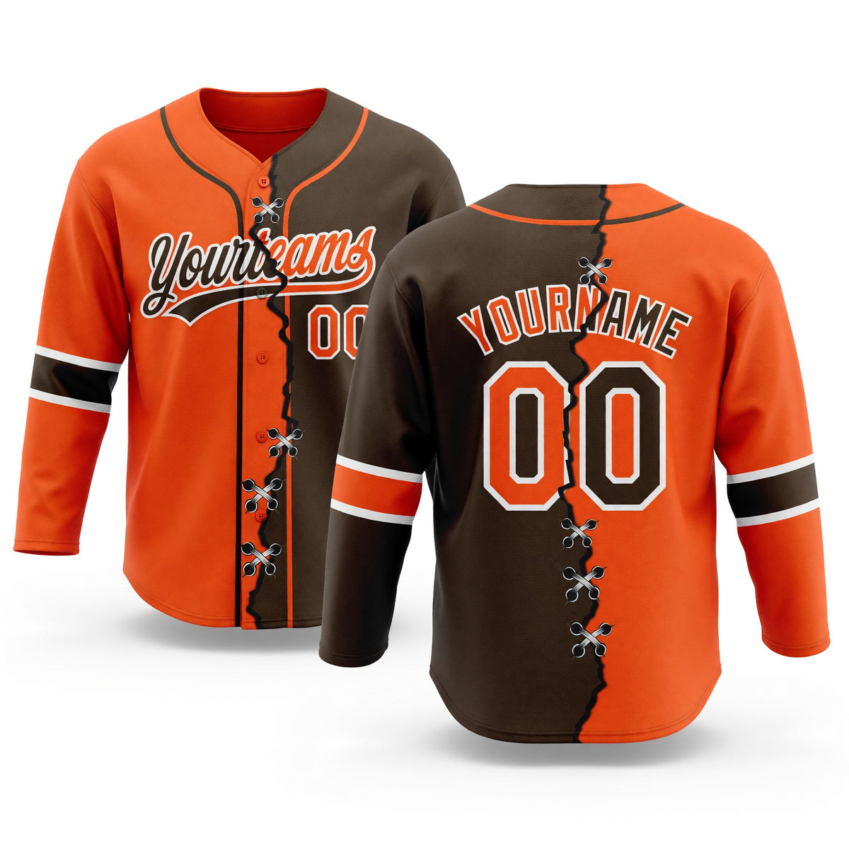 Custom Brown Orange-White Split Ripped Pattern Baseball Pullover Sweatshirt Hoodie