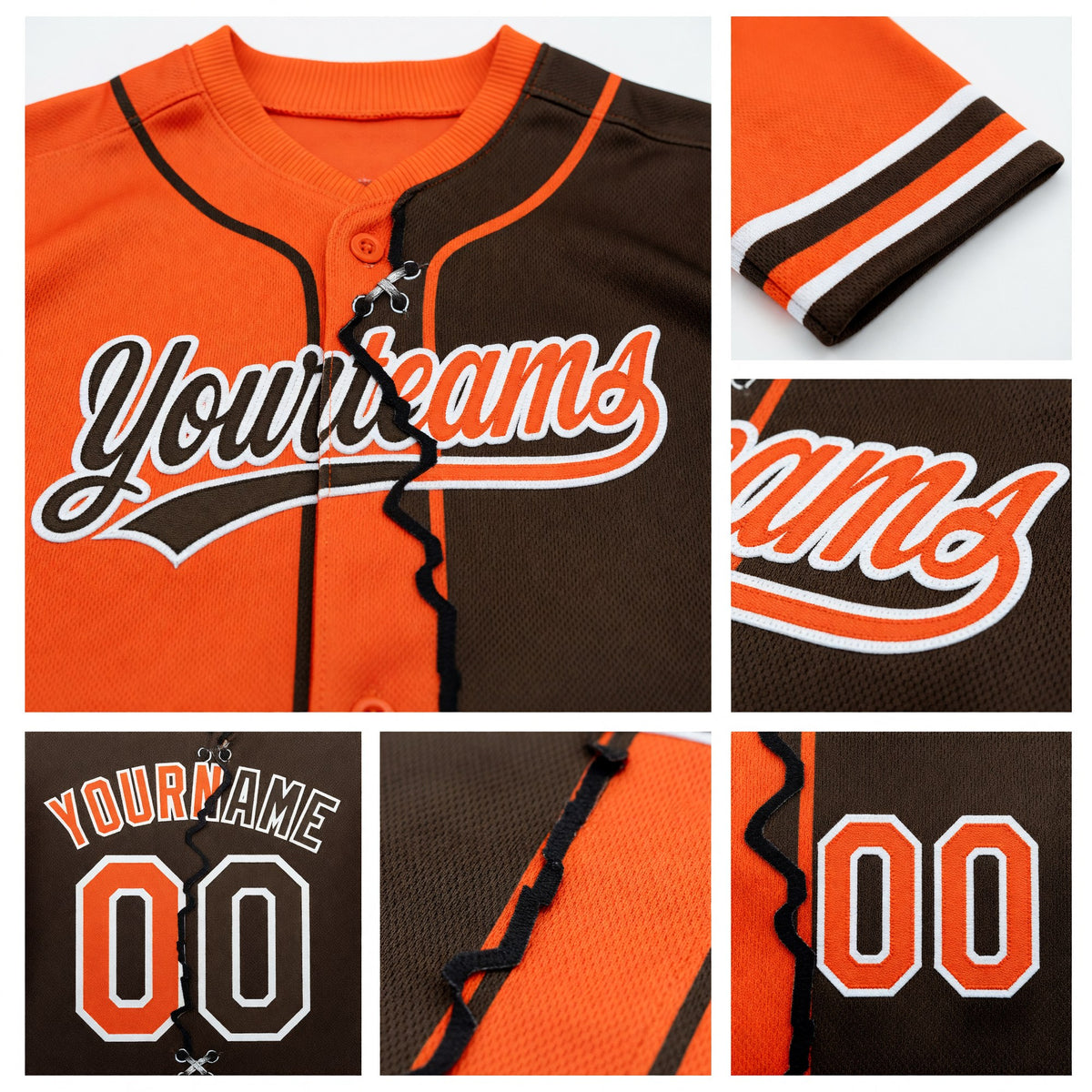 Custom Brown Orange-White Split Ripped Pattern Baseball Pullover Sweatshirt Hoodie detail