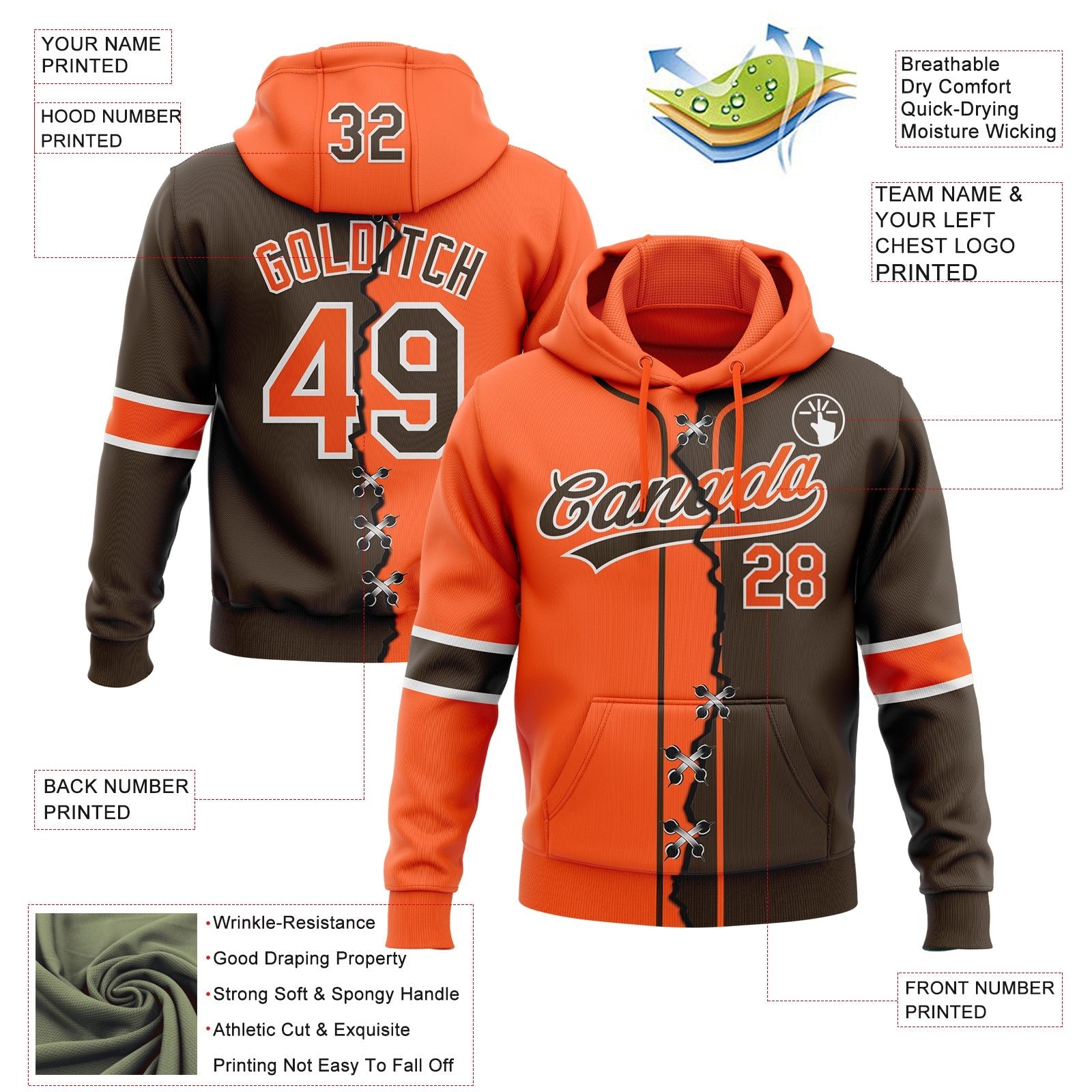 Custom Brown Orange-White Split Ripped Pattern Baseball Pullover Sweatshirt Hoodie photo 3