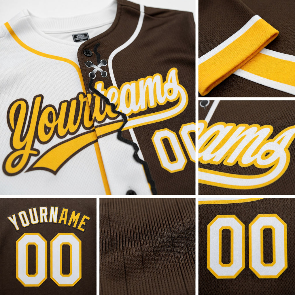 Custom Brown White-Gold Split Ripped Pattern Baseball Pullover Sweatshirt Hoodie detail