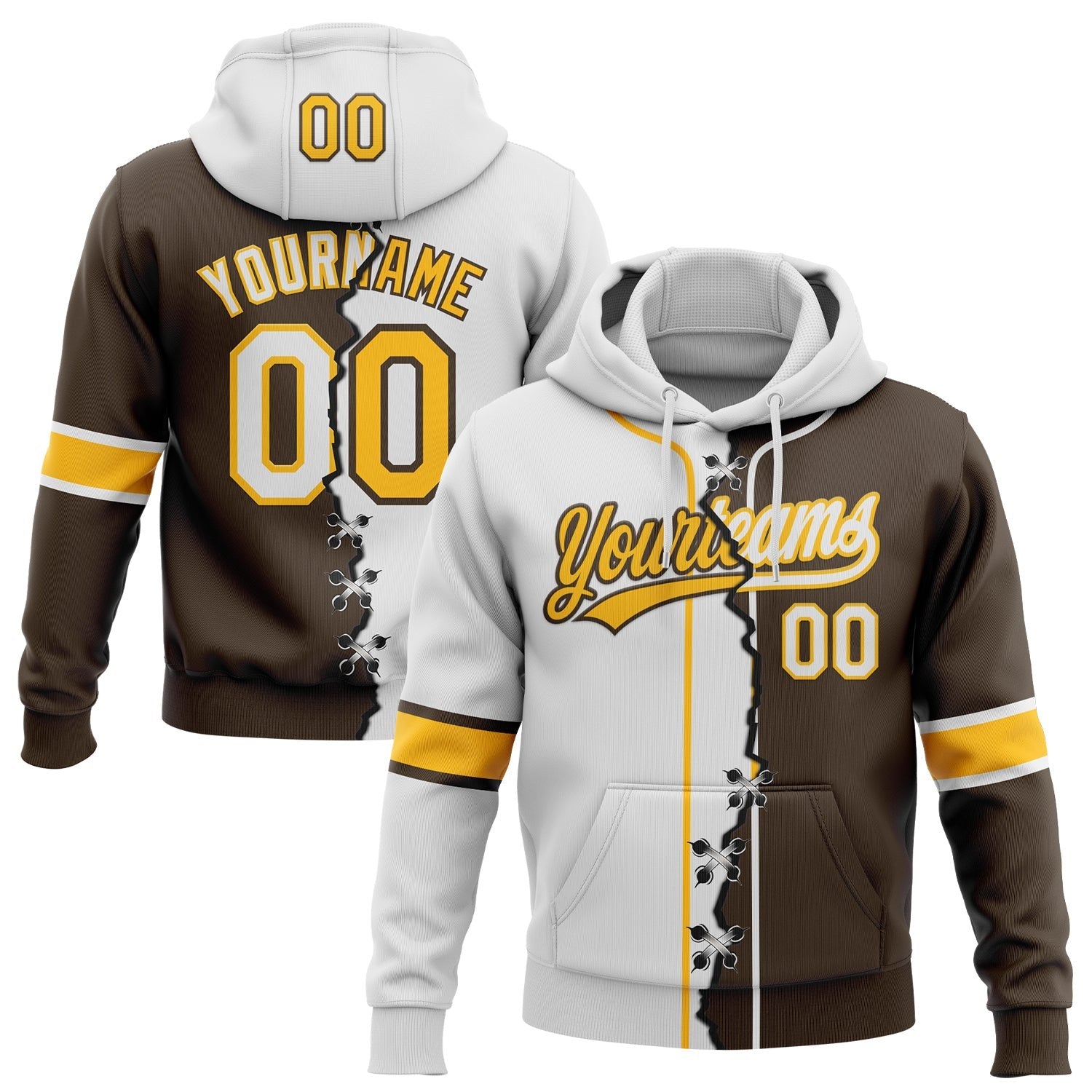 Custom Brown White-Gold Split Ripped Pattern Baseball Pullover Sweatshirt Hoodie photo 1