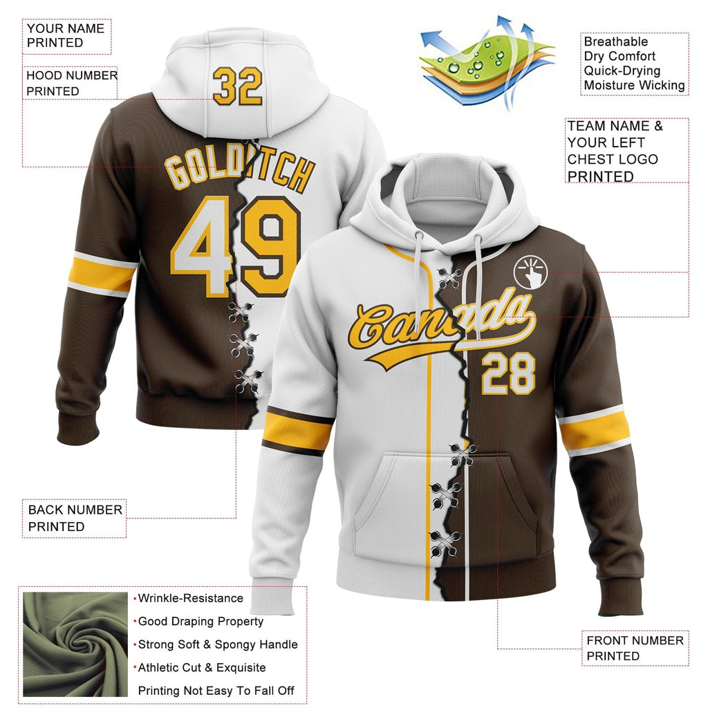Custom Brown White-Gold Split Ripped Pattern Baseball Pullover Sweatshirt Hoodie photo 3