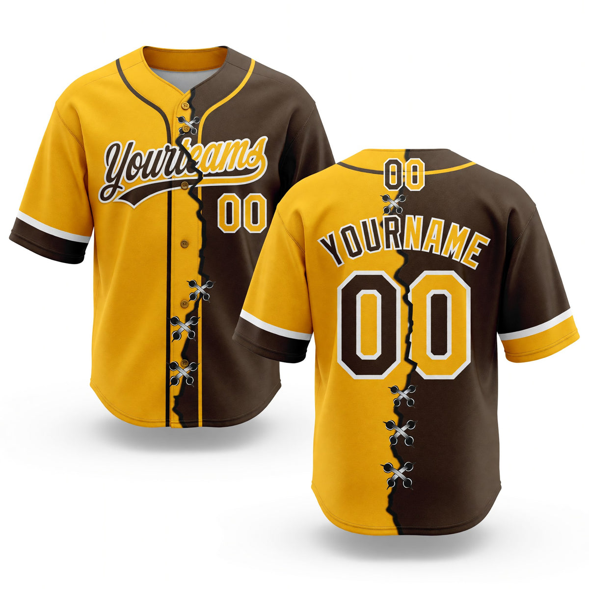 Custom Brown Gold-White Split Ripped Pattern Baseball Pullover Sweatshirt Hoodie