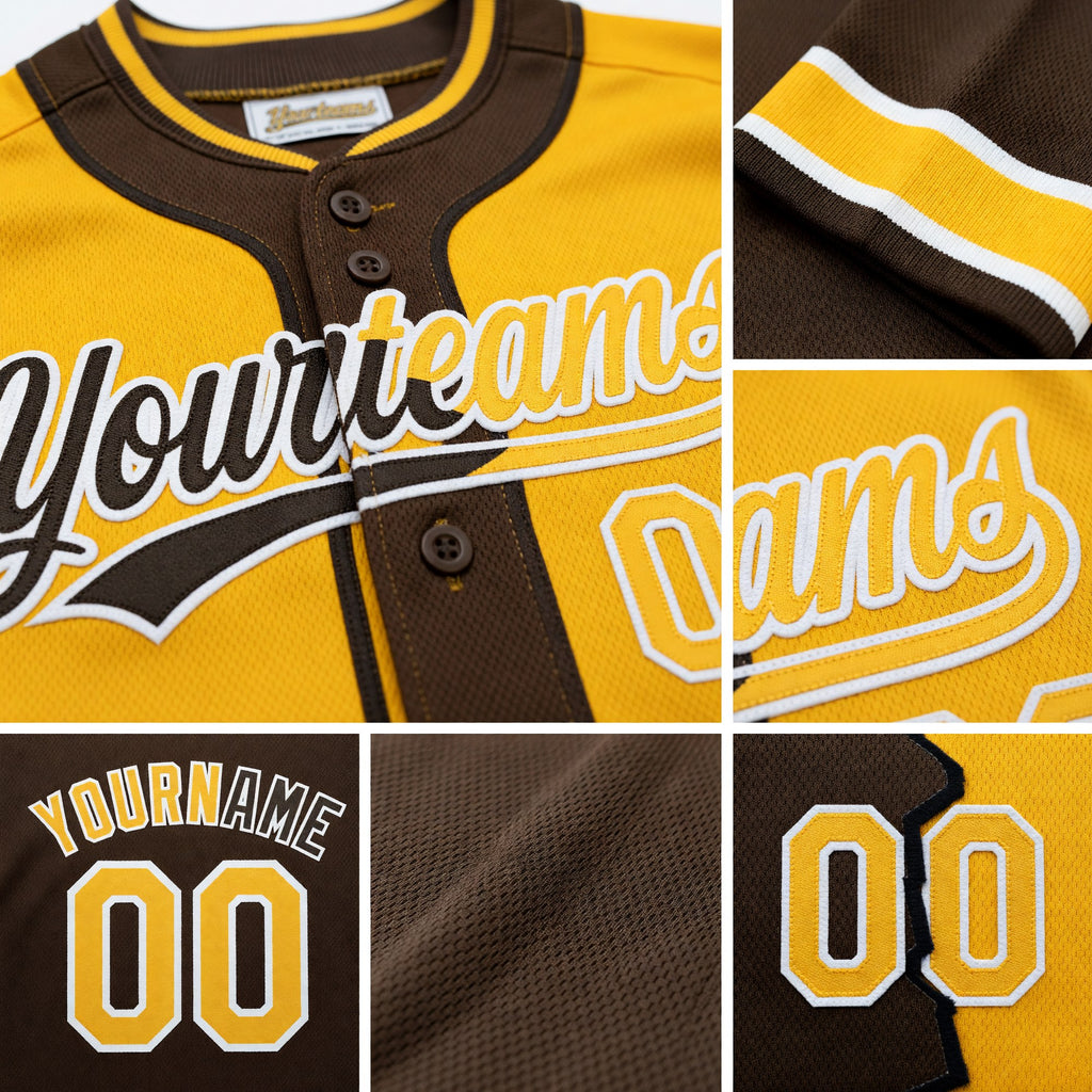 Custom Brown Gold-White Split Ripped Pattern Baseball Pullover Sweatshirt Hoodie detail