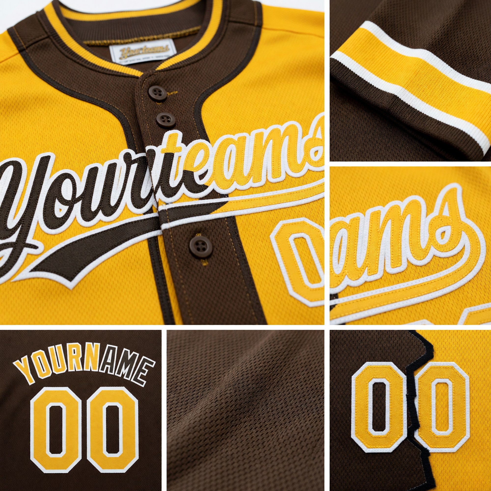 Custom Brown Gold-White Split Ripped Pattern Baseball Pullover Sweatshirt Hoodie detail
