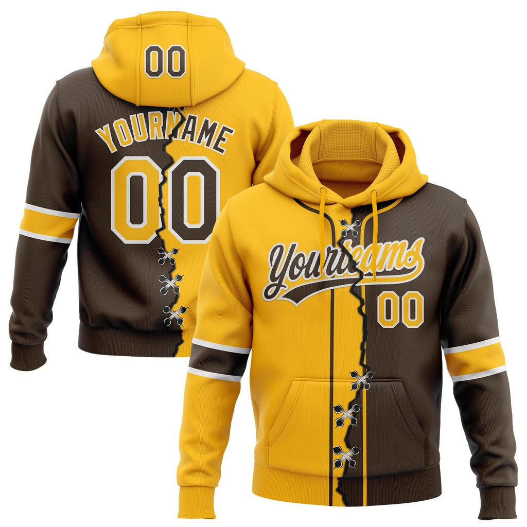 Custom Brown Gold-White Split Ripped Pattern Baseball Pullover Sweatshirt Hoodie photo 1