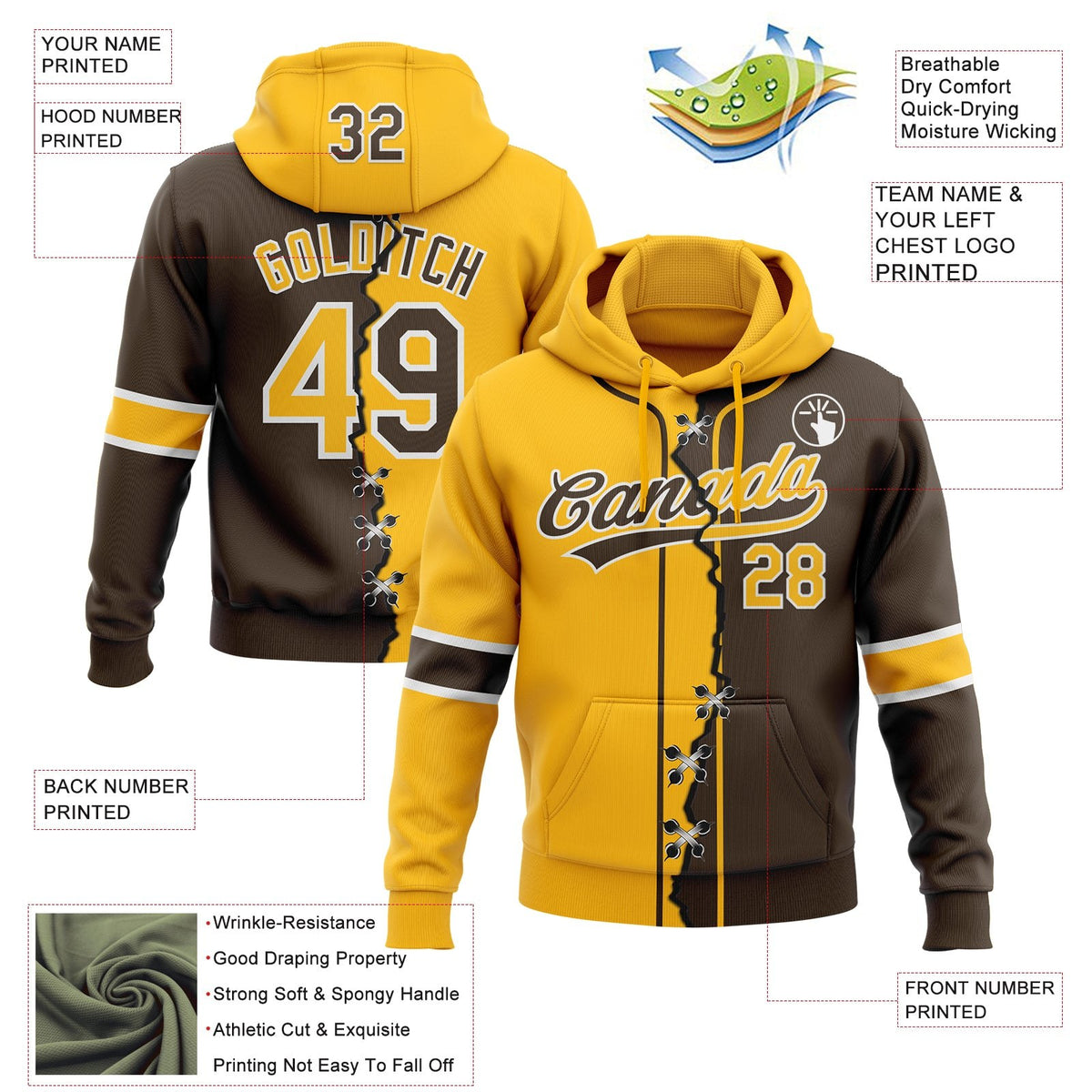 Custom Brown Gold-White Split Ripped Pattern Baseball Pullover Sweatshirt Hoodie photo 3