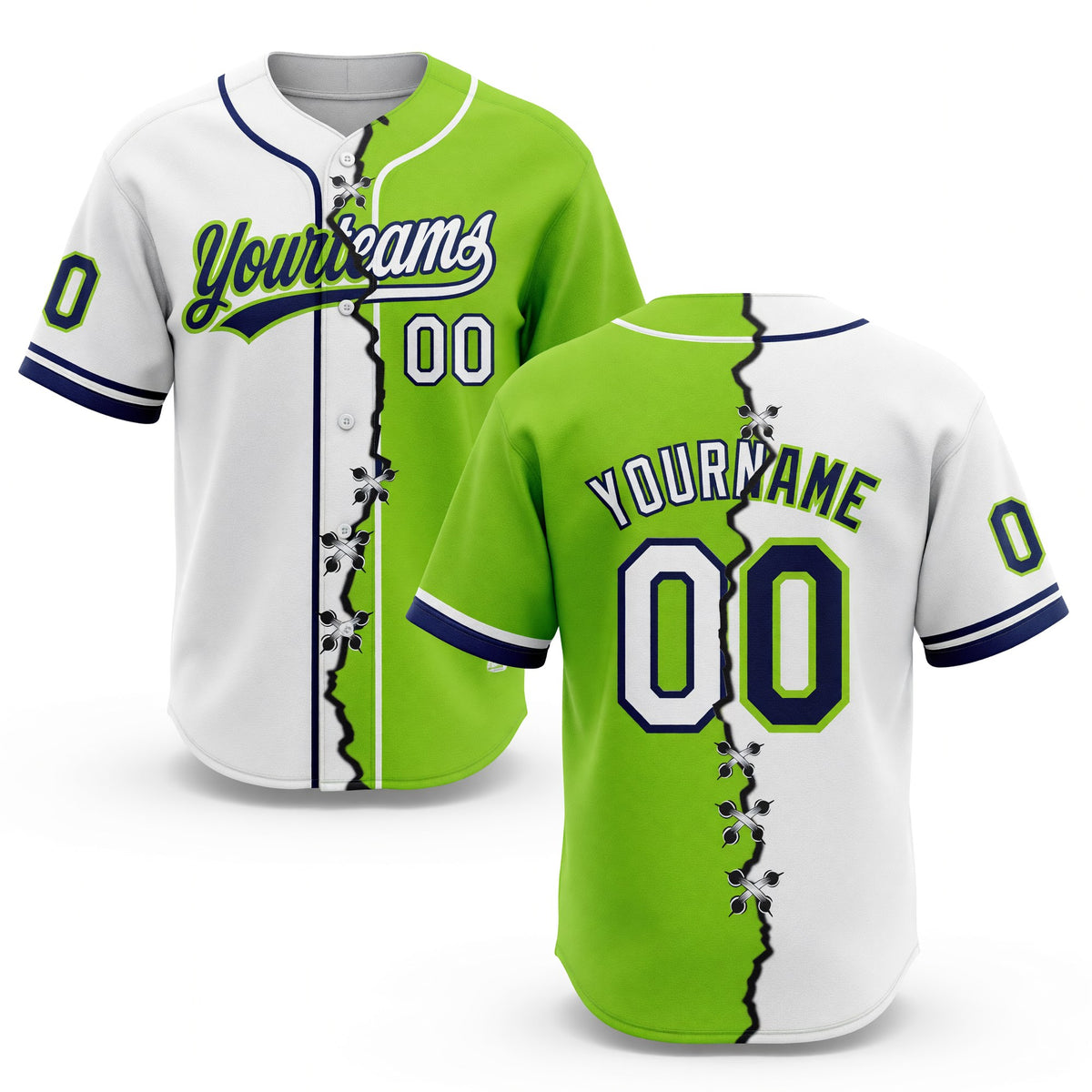 Custom Neon Green White-Navy Split Ripped Pattern Baseball Pullover Sweatshirt Hoodie
