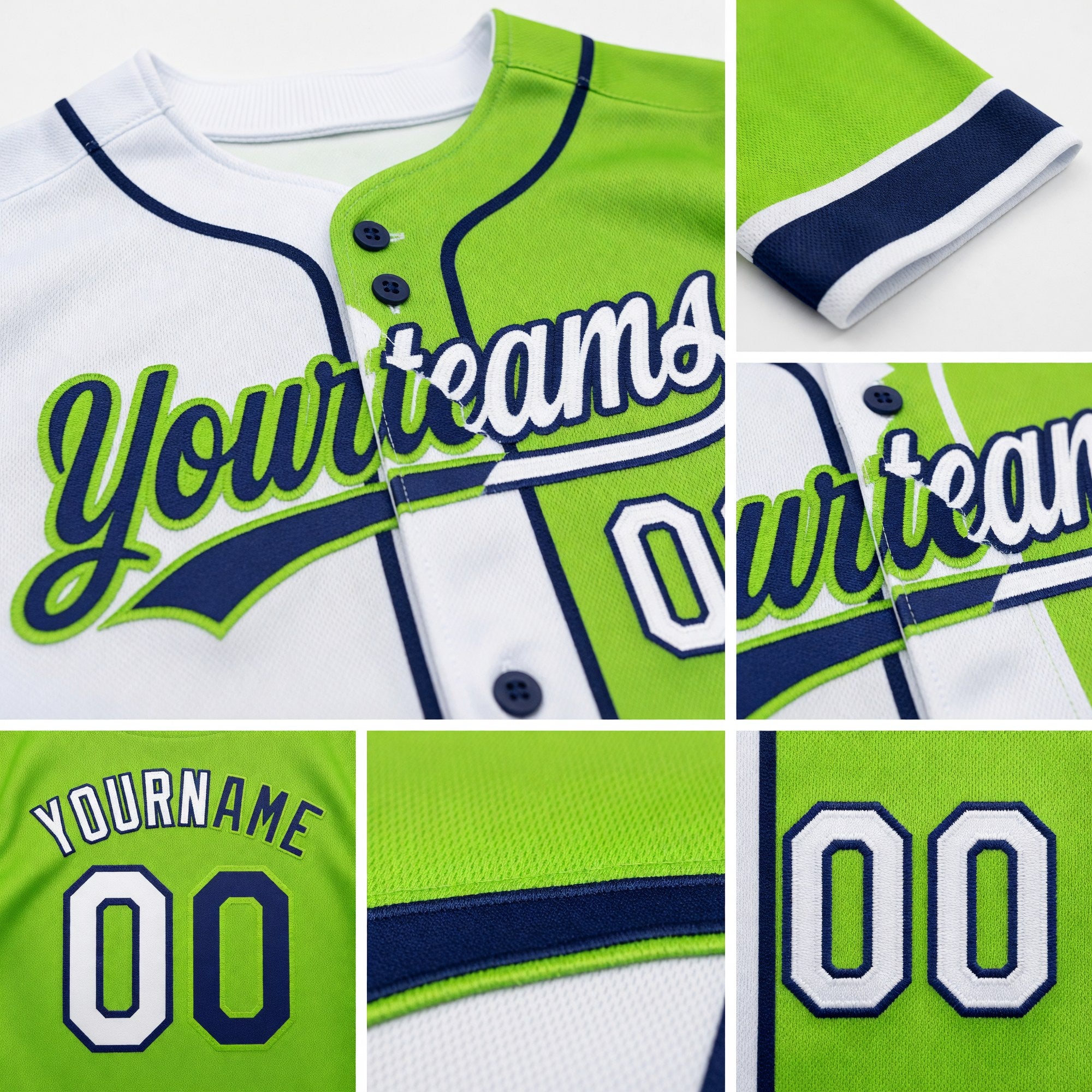 Custom Neon Green White-Navy Split Ripped Pattern Baseball Pullover Sweatshirt Hoodie detail