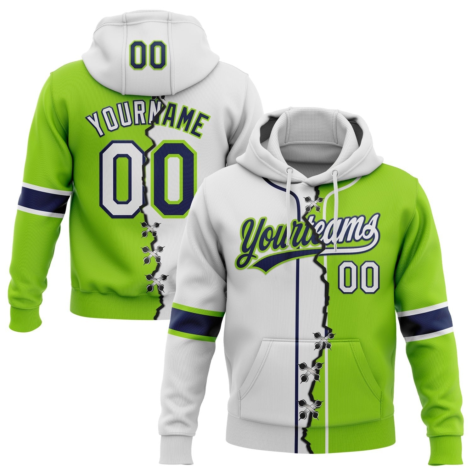 Custom Neon Green White-Navy Split Ripped Pattern Baseball Pullover Sweatshirt Hoodie photo 1