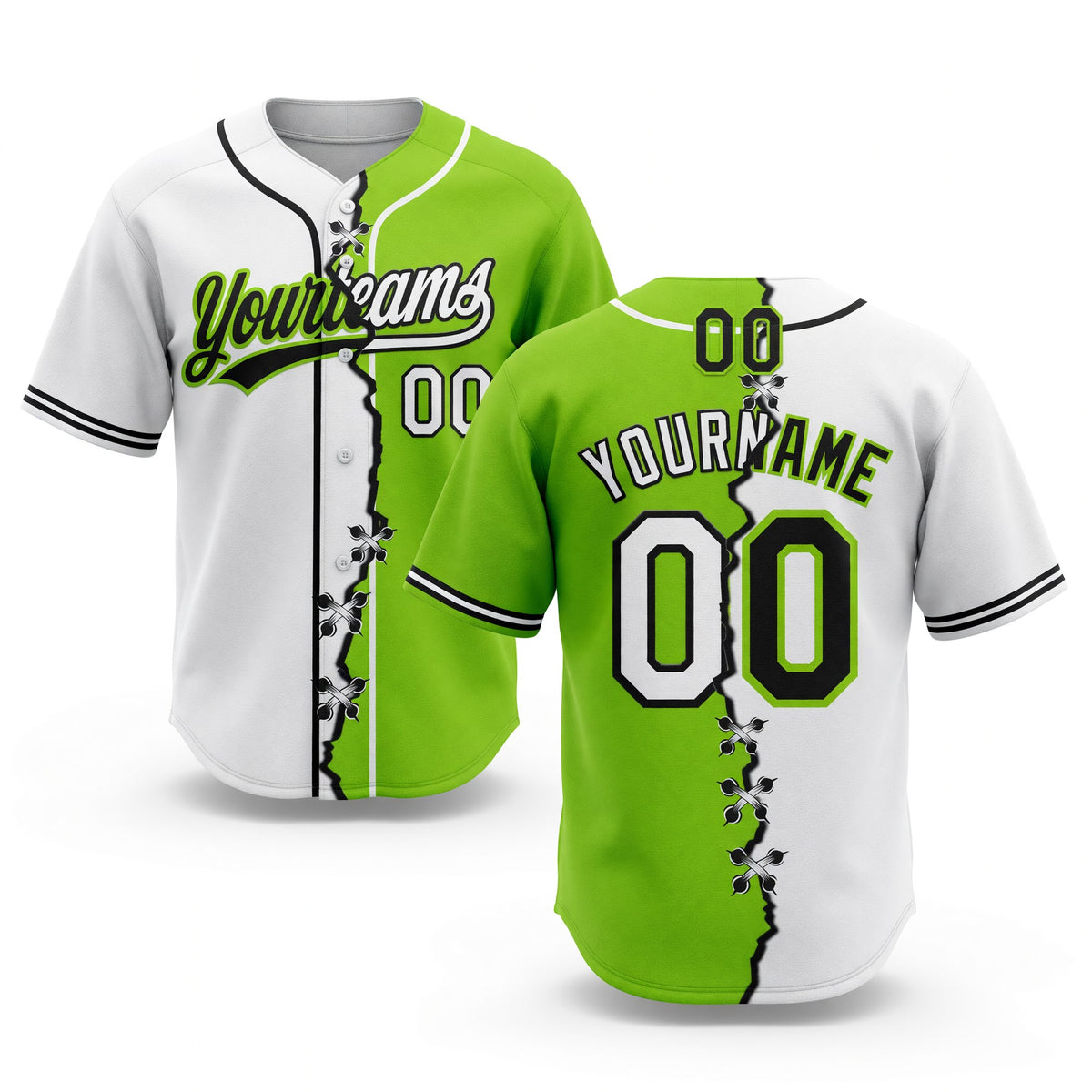 Custom Neon Green White-Black Split Ripped Pattern Baseball Pullover Sweatshirt Hoodie