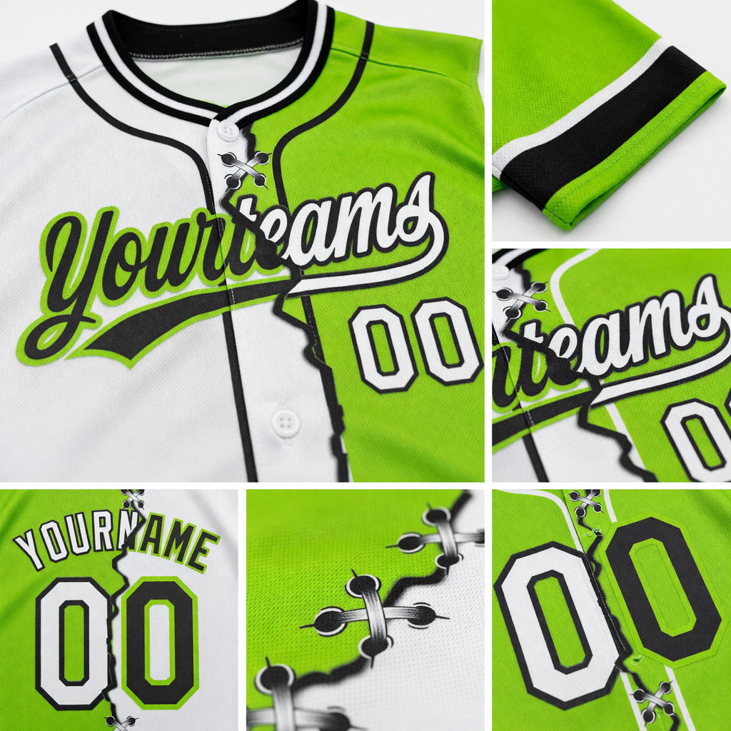 Custom Neon Green White-Black Split Ripped Pattern Baseball Pullover Sweatshirt Hoodie detail