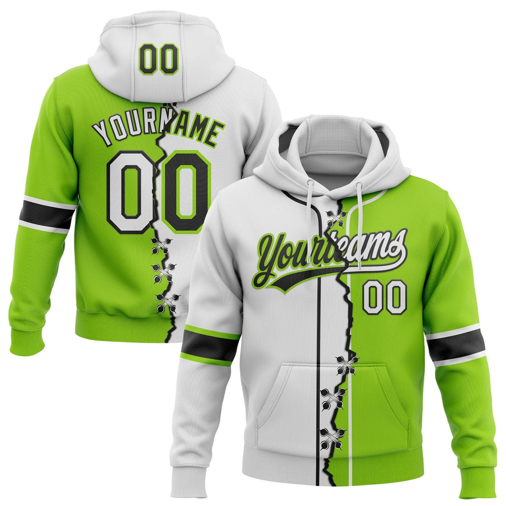 Custom Neon Green White-Black Split Ripped Pattern Baseball Pullover Sweatshirt Hoodie photo 1