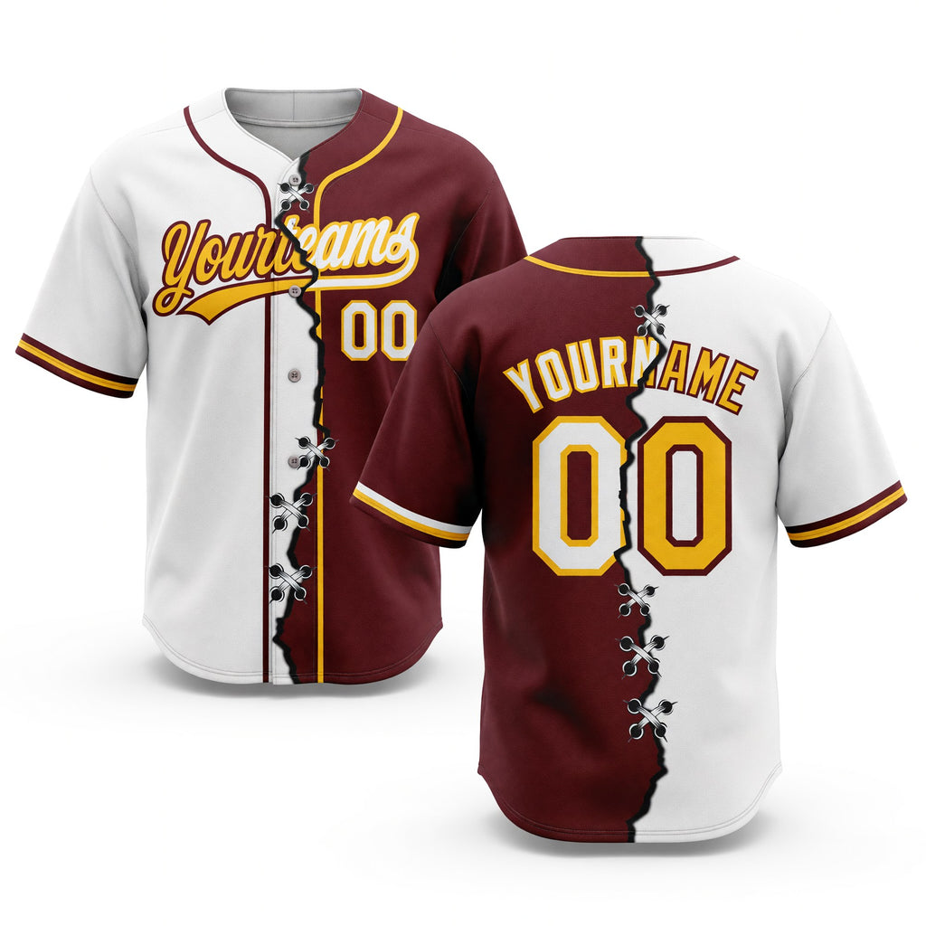 Custom Burgundy White-Gold Split Ripped Pattern Baseball Pullover Sweatshirt Hoodie