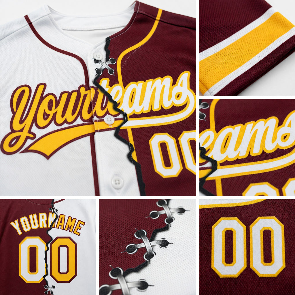 Custom Burgundy White-Gold Split Ripped Pattern Baseball Pullover Sweatshirt Hoodie detail