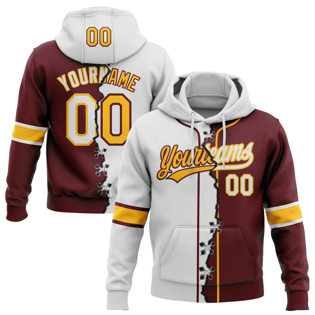 Custom Burgundy White-Gold Split Ripped Pattern Baseball Pullover Sweatshirt Hoodie photo 1