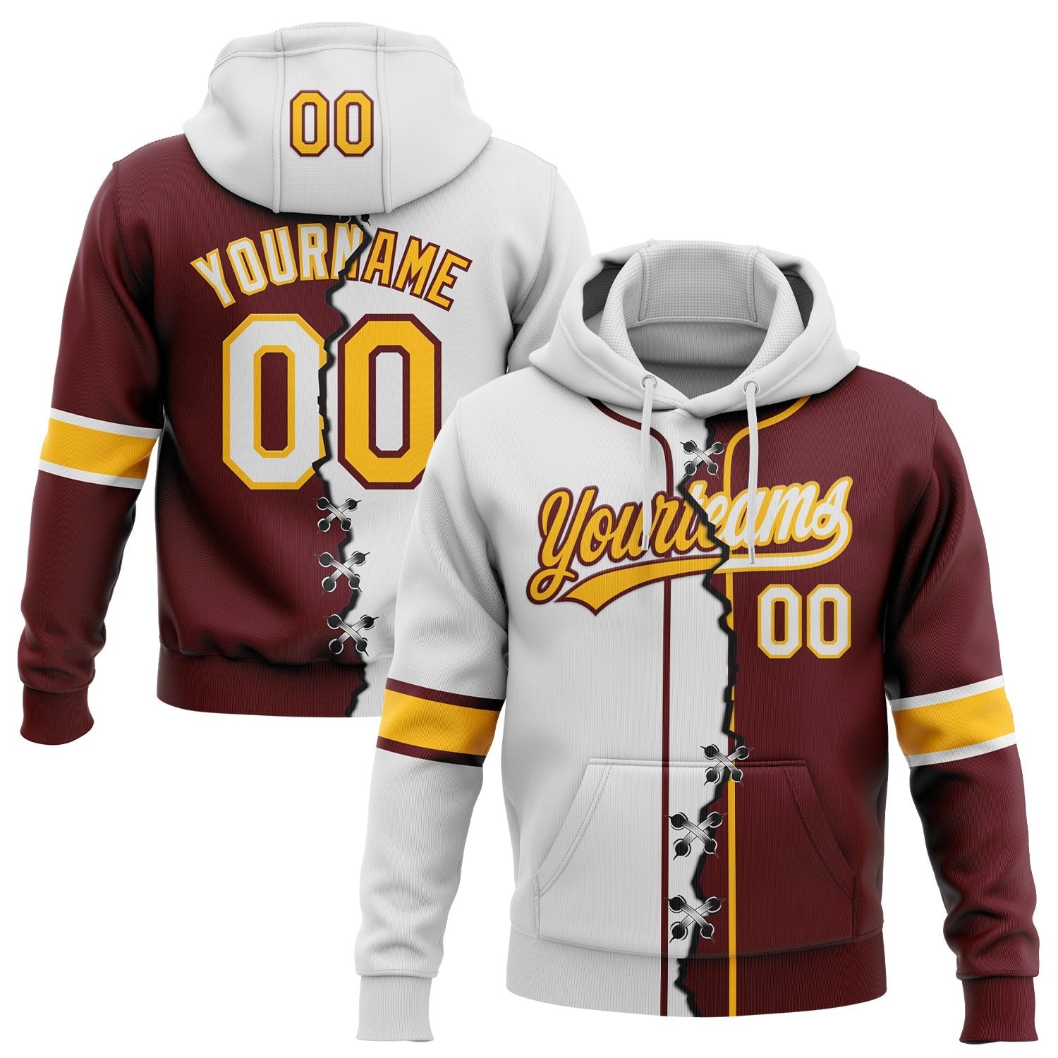 Custom Burgundy White-Gold Split Ripped Pattern Baseball Pullover Sweatshirt Hoodie photo 1