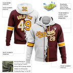 Custom Burgundy White-Gold Split Ripped Pattern Baseball Pullover Sweatshirt Hoodie photo 3