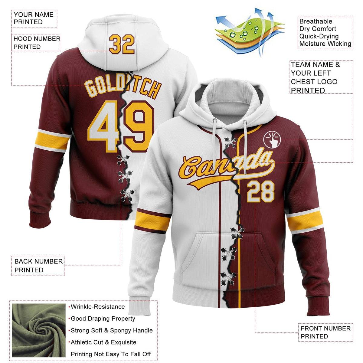 Custom Burgundy White-Gold Split Ripped Pattern Baseball Pullover Sweatshirt Hoodie photo 3