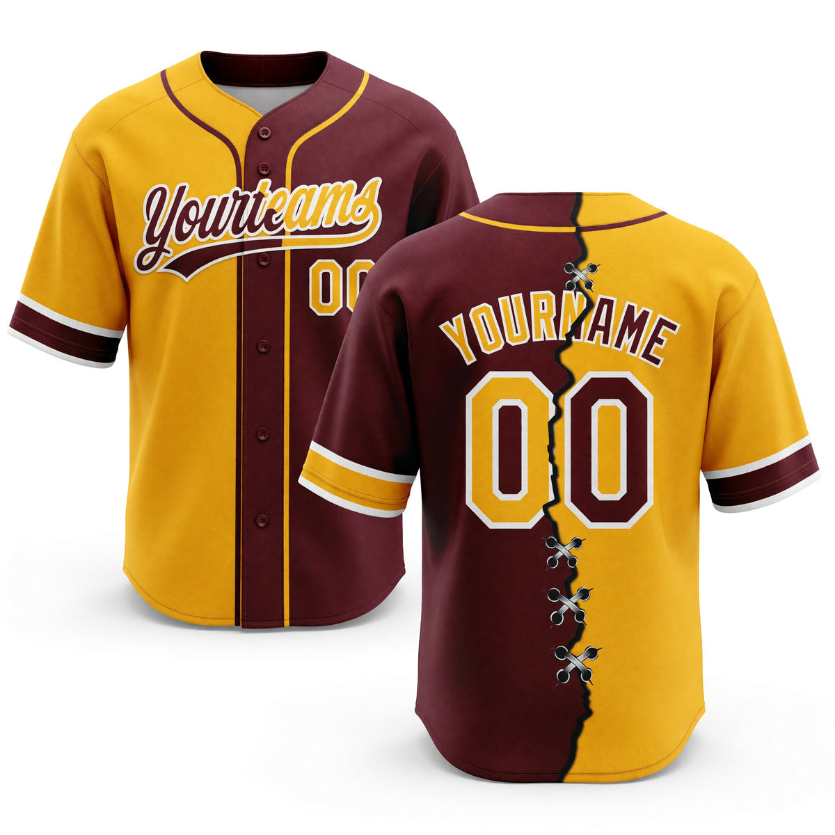 Custom Burgundy Gold-White Split Ripped Pattern Baseball Pullover Sweatshirt Hoodie