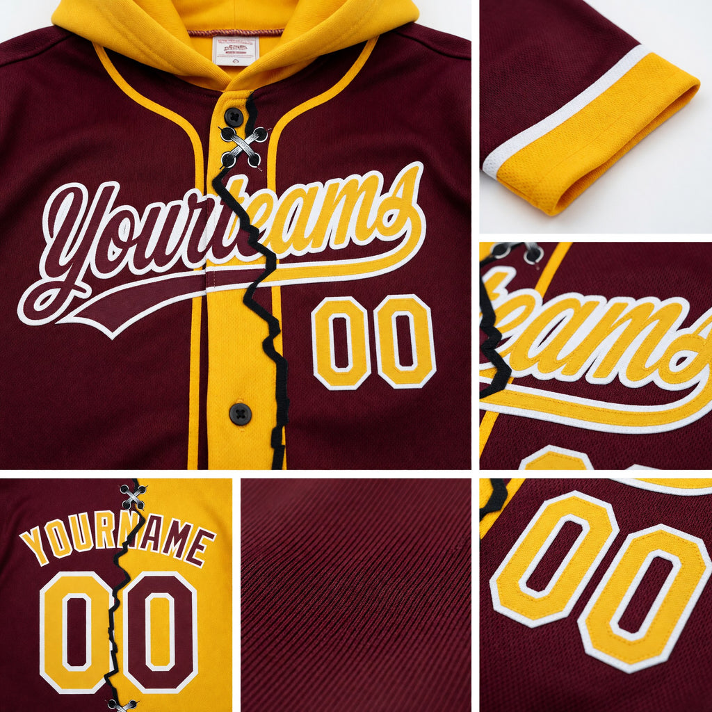 Custom Burgundy Gold-White Split Ripped Pattern Baseball Pullover Sweatshirt Hoodie detail
