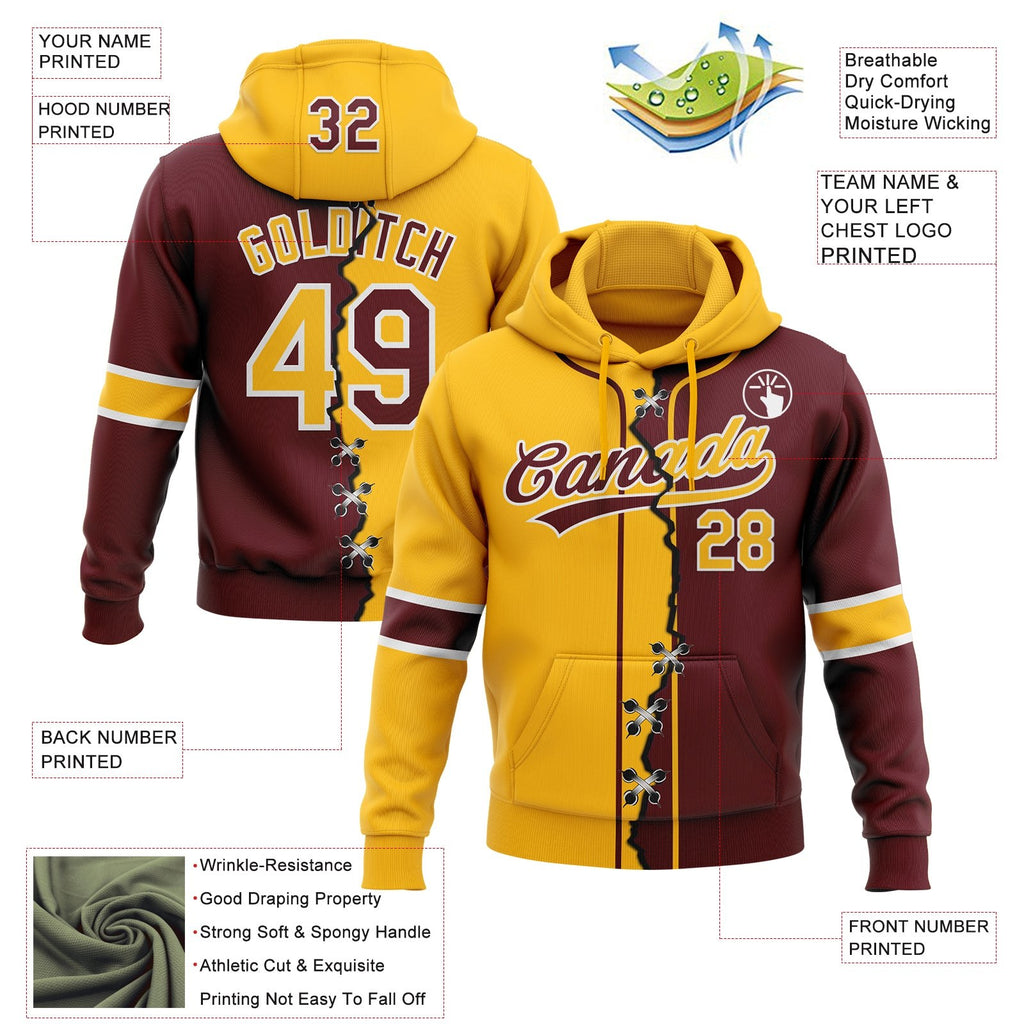 Custom Burgundy Gold-White Split Ripped Pattern Baseball Pullover Sweatshirt Hoodie photo 3