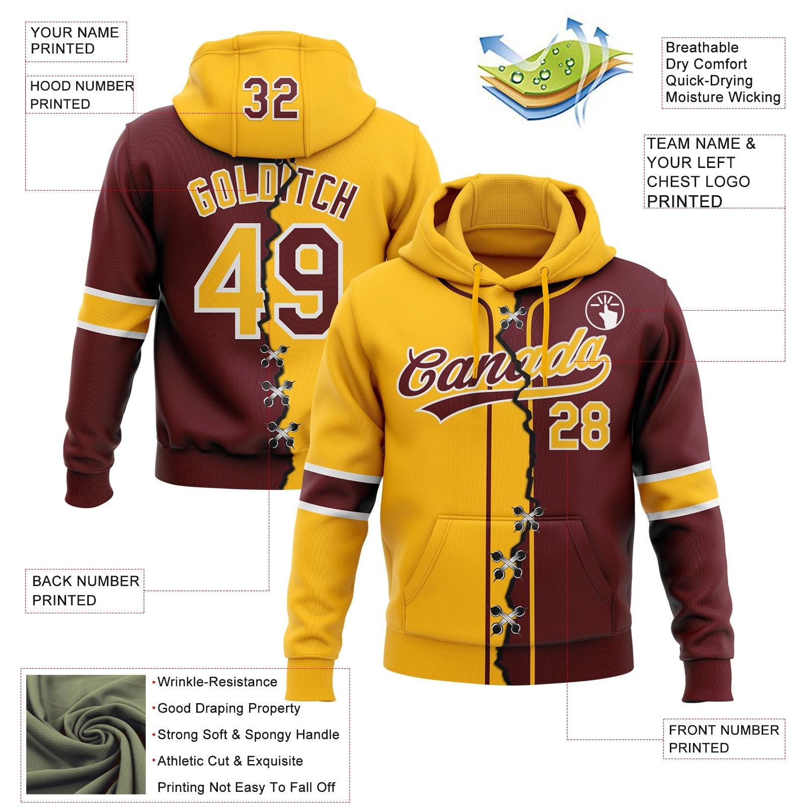 Custom Burgundy Gold-White Split Ripped Pattern Baseball Pullover Sweatshirt Hoodie photo 3