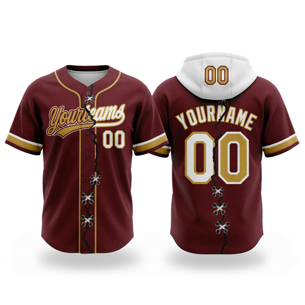 Custom Burgundy White-Old Gold Split Ripped Pattern Baseball Pullover Sweatshirt Hoodie
