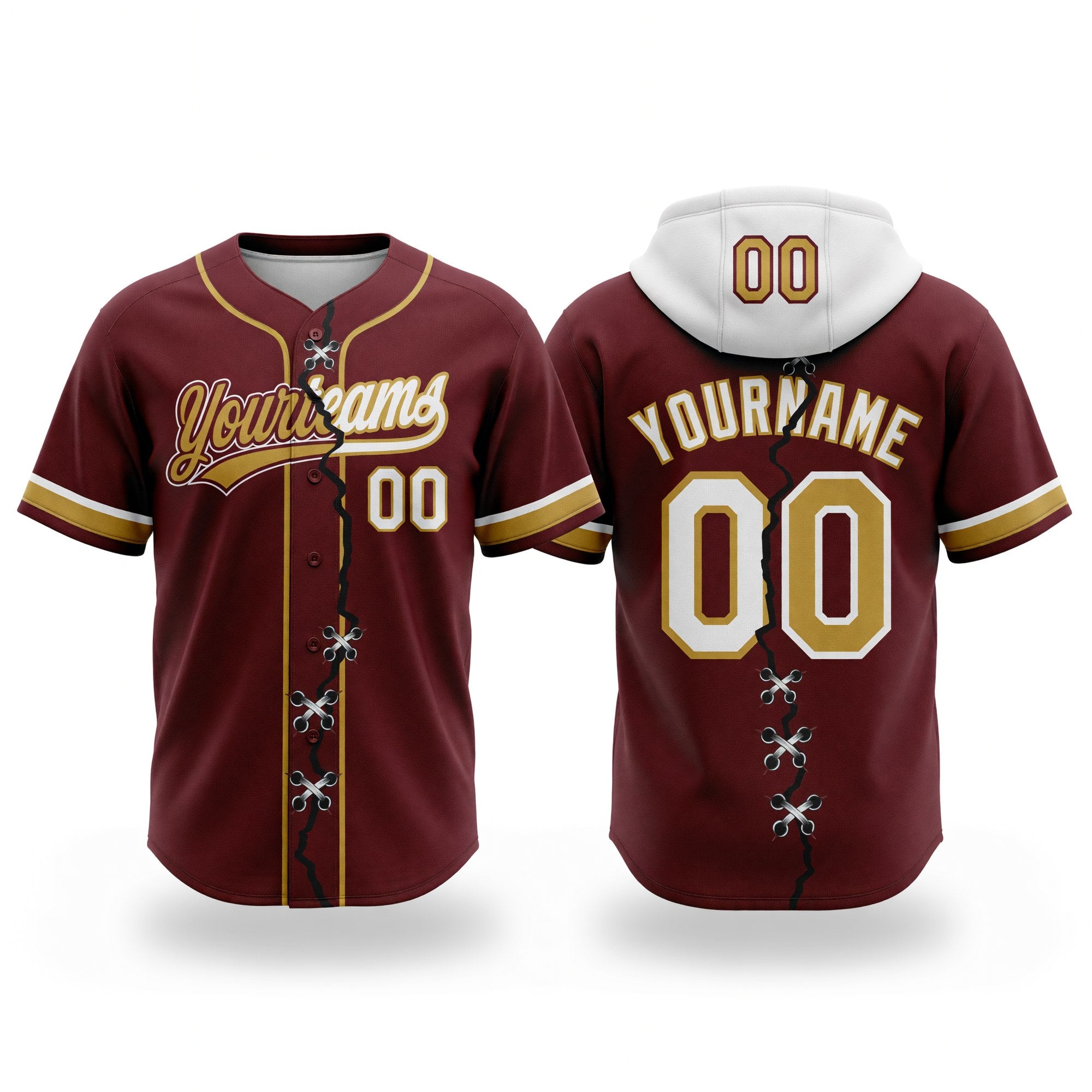 Custom Burgundy White-Old Gold Split Ripped Pattern Baseball Pullover Sweatshirt Hoodie