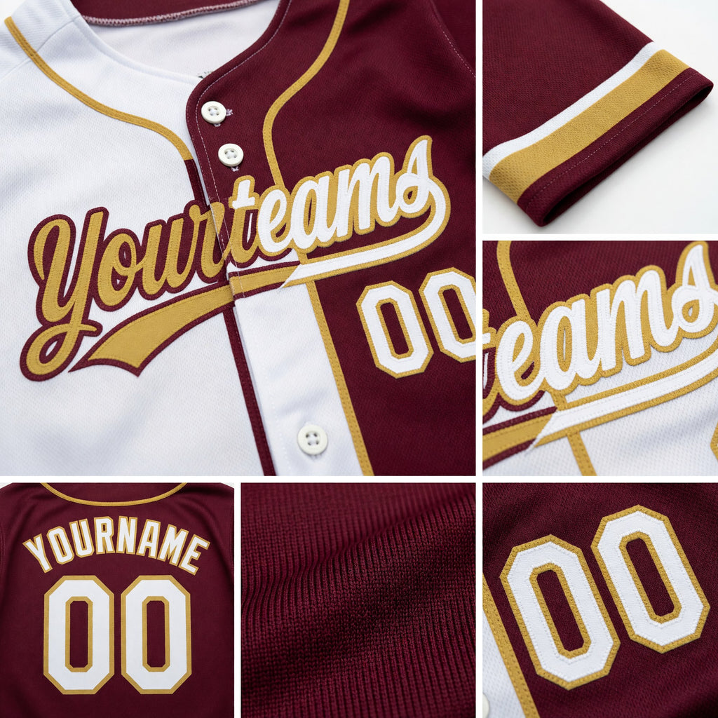 Custom Burgundy White-Old Gold Split Ripped Pattern Baseball Pullover Sweatshirt Hoodie detail