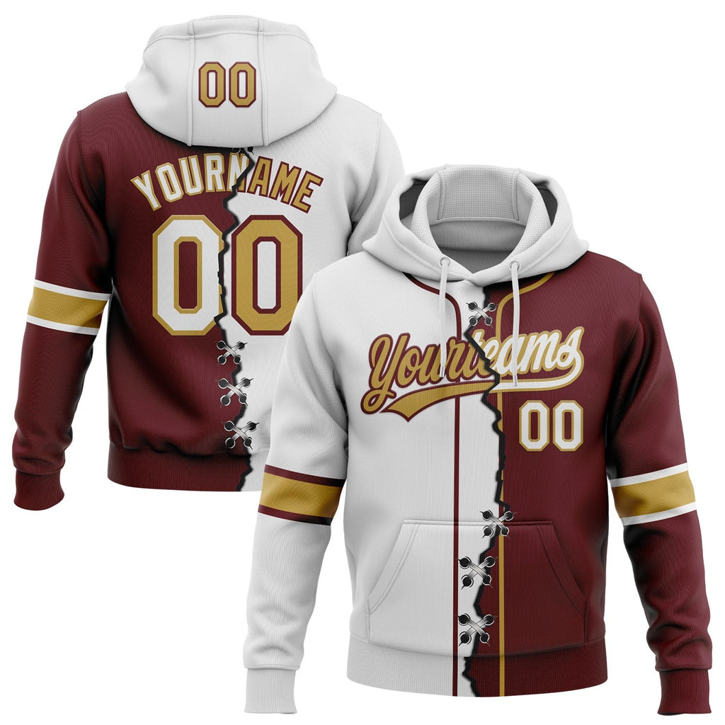 Custom Burgundy White-Old Gold Split Ripped Pattern Baseball Pullover Sweatshirt Hoodie photo 1