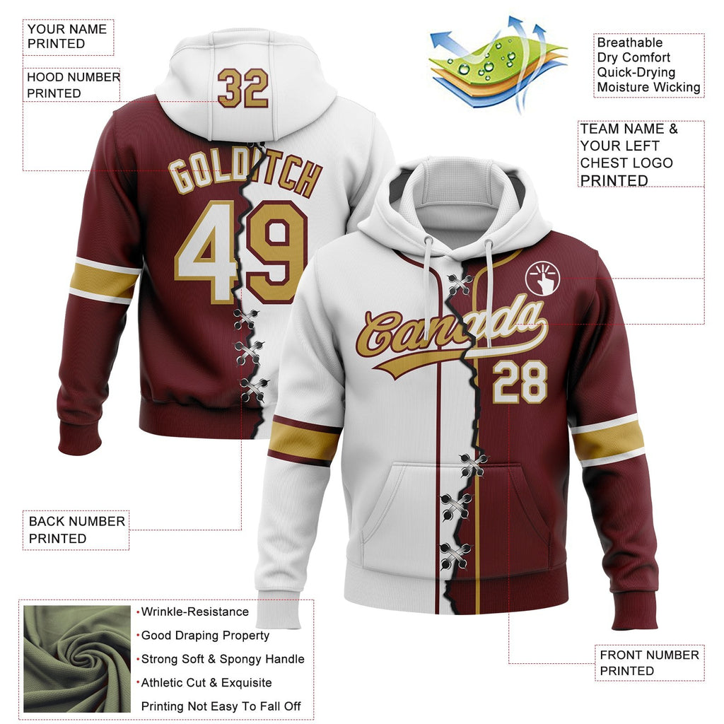 Custom Burgundy White-Old Gold Split Ripped Pattern Baseball Pullover Sweatshirt Hoodie photo 3