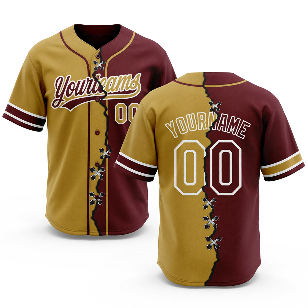 Custom Burgundy Old Gold-White Split Ripped Pattern Baseball Pullover Sweatshirt Hoodie
