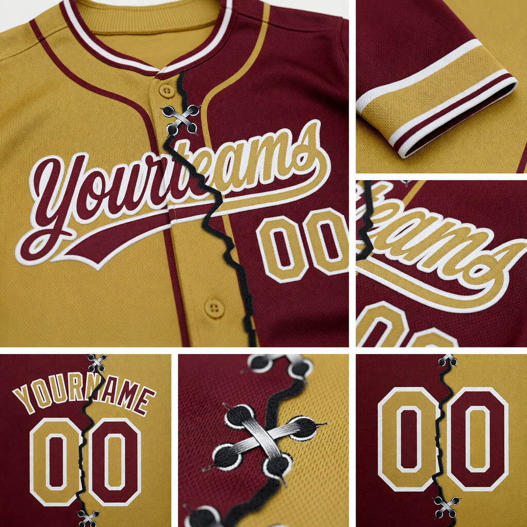 Custom Burgundy Old Gold-White Split Ripped Pattern Baseball Pullover Sweatshirt Hoodie detail