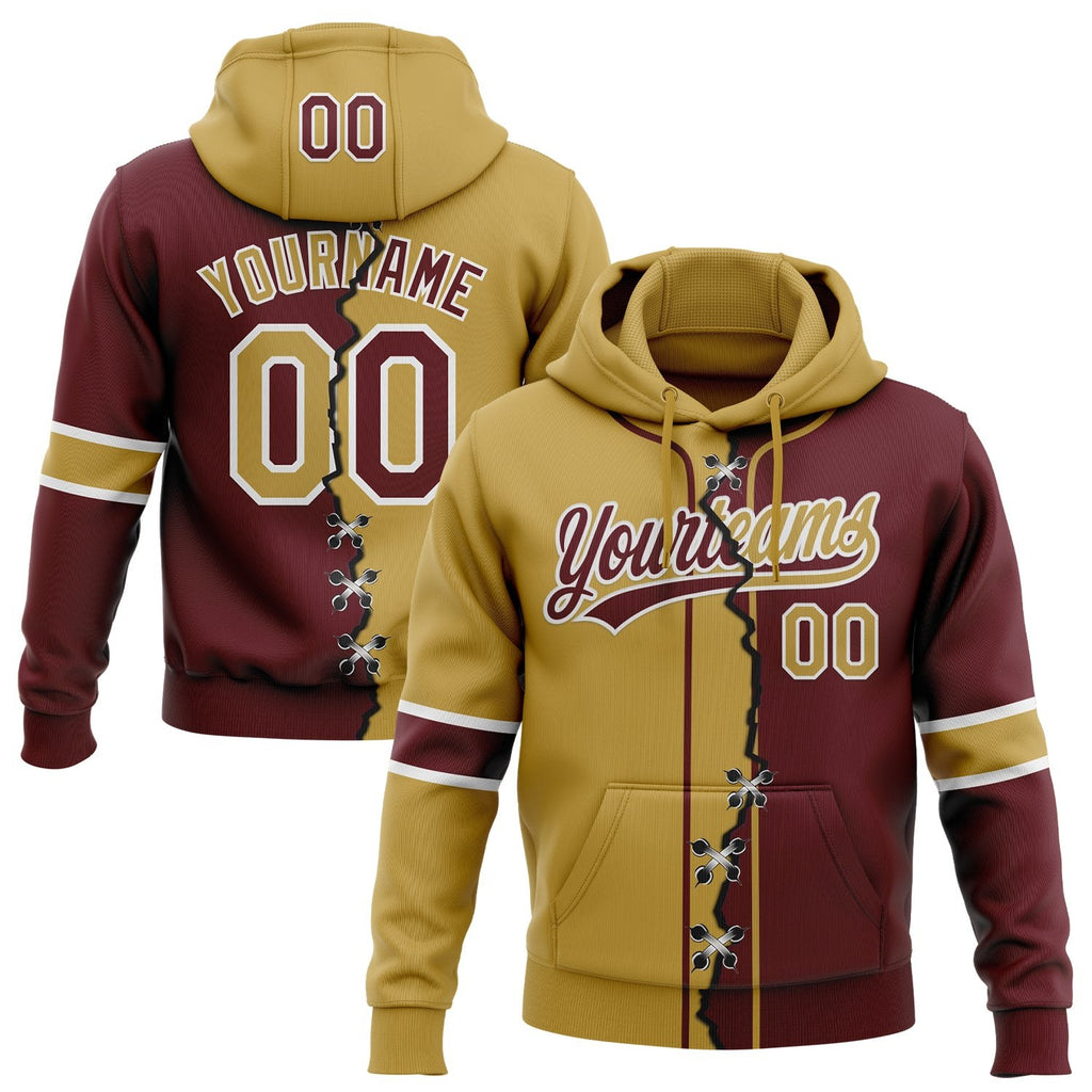 Custom Burgundy Old Gold-White Split Ripped Pattern Baseball Pullover Sweatshirt Hoodie photo 1