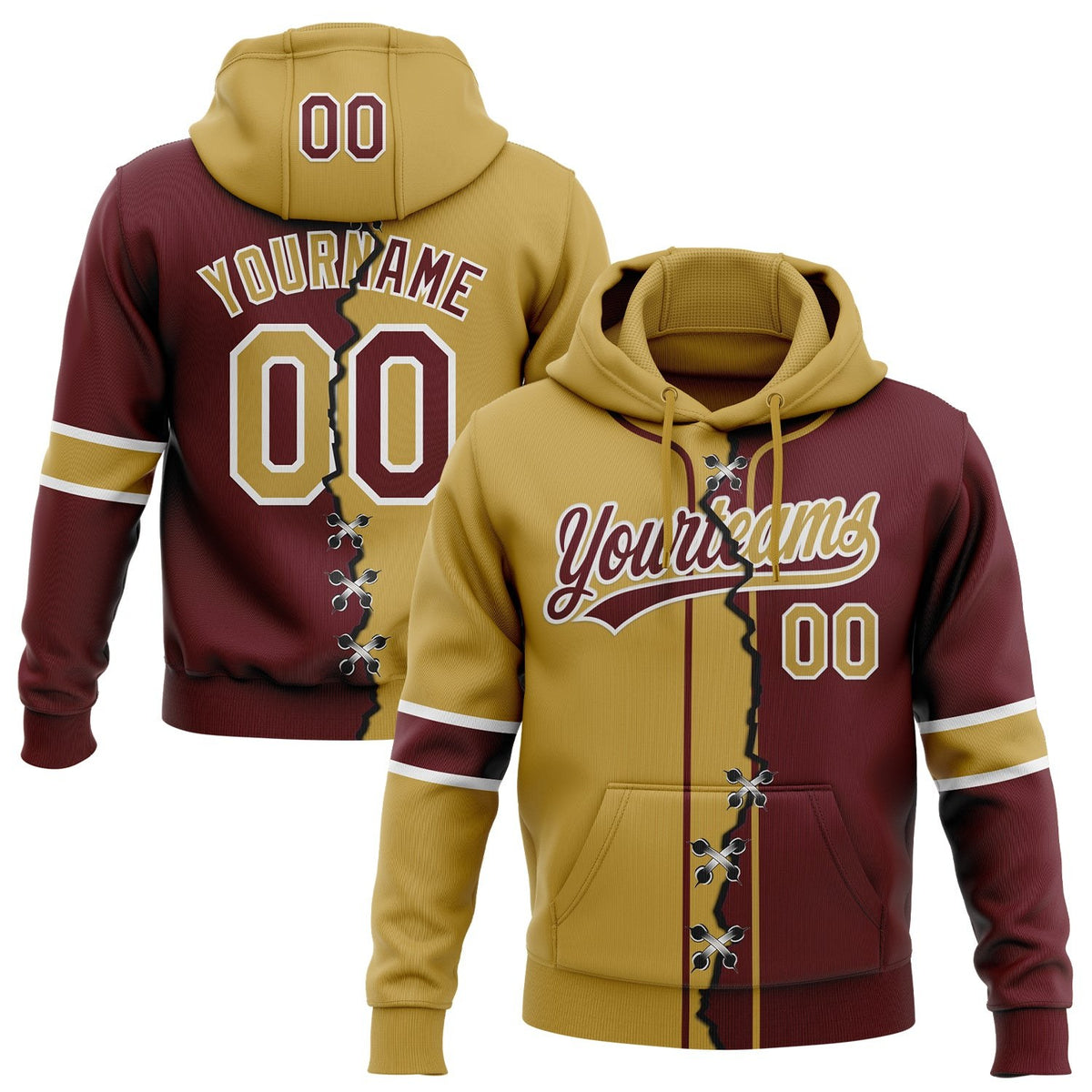 Custom Burgundy Old Gold-White Split Ripped Pattern Baseball Pullover Sweatshirt Hoodie photo 1