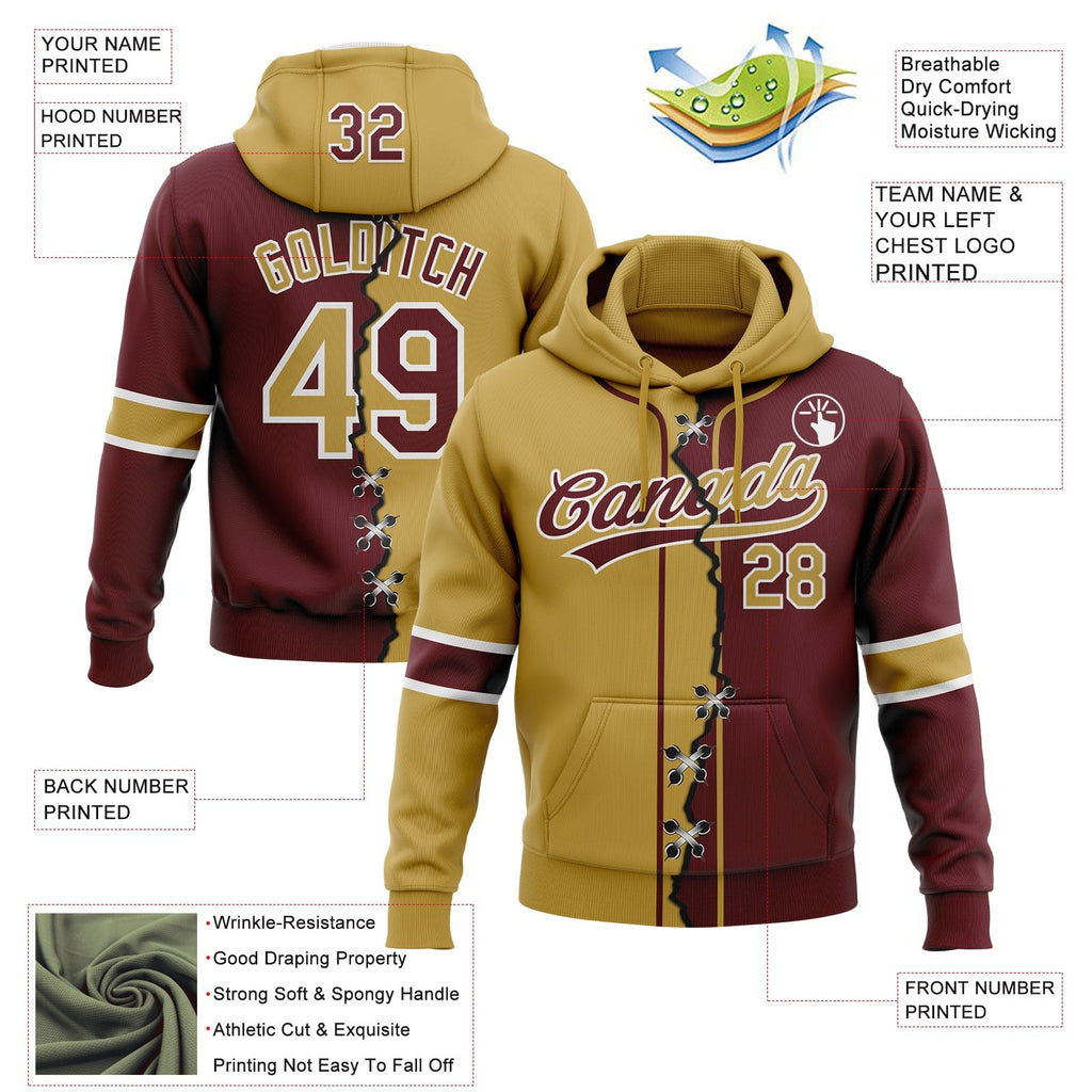Custom Burgundy Old Gold-White Split Ripped Pattern Baseball Pullover Sweatshirt Hoodie photo 3