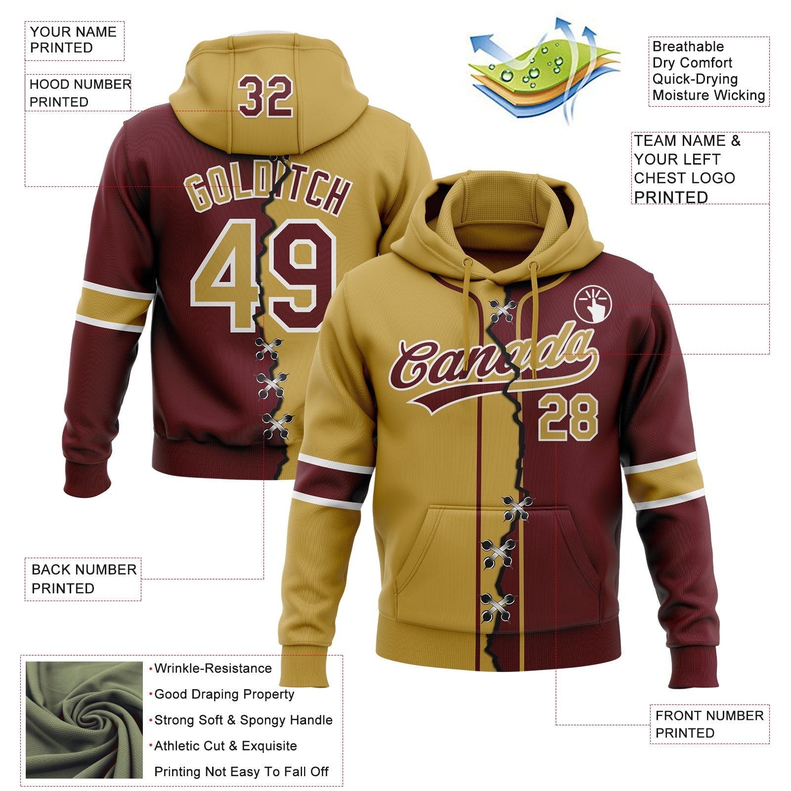 Custom Burgundy Old Gold-White Split Ripped Pattern Baseball Pullover Sweatshirt Hoodie photo 3