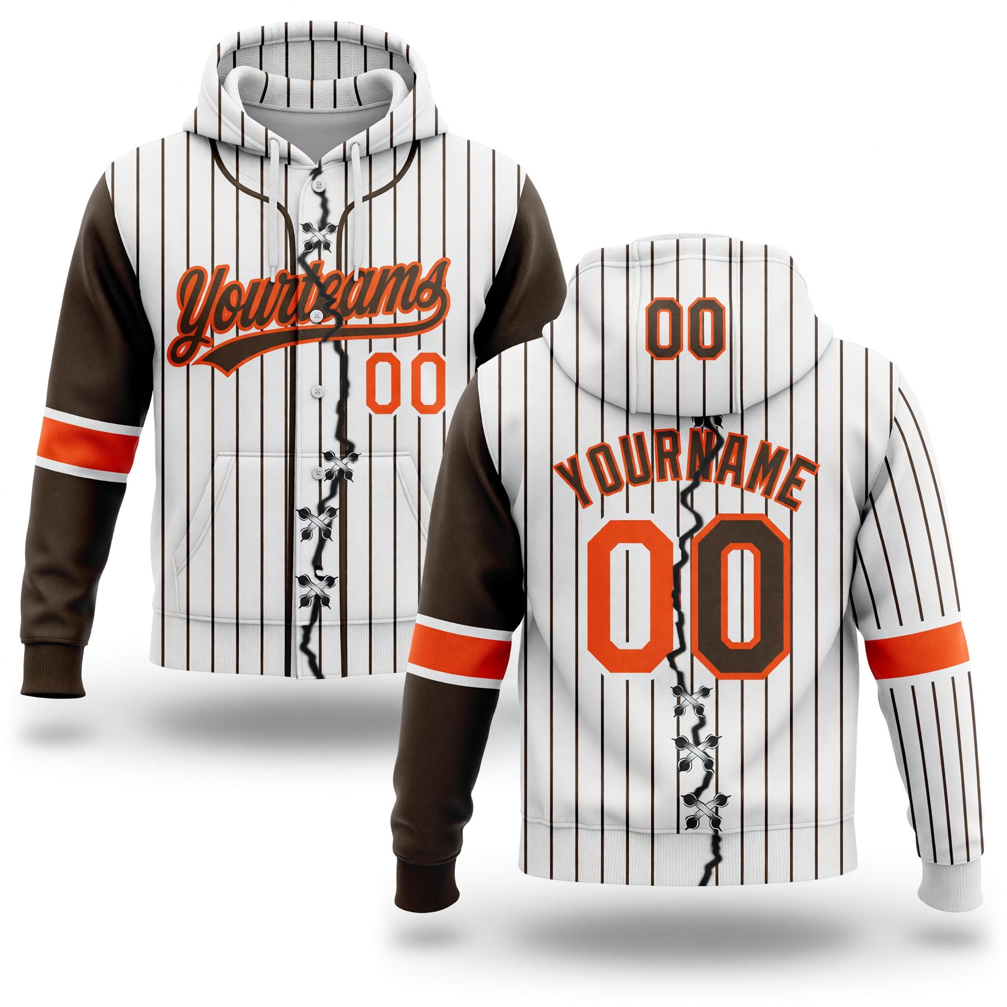 Custom White Brown Pinstripe-Orange Split Ripped Pattern Baseball Pullover Sweatshirt Hoodie