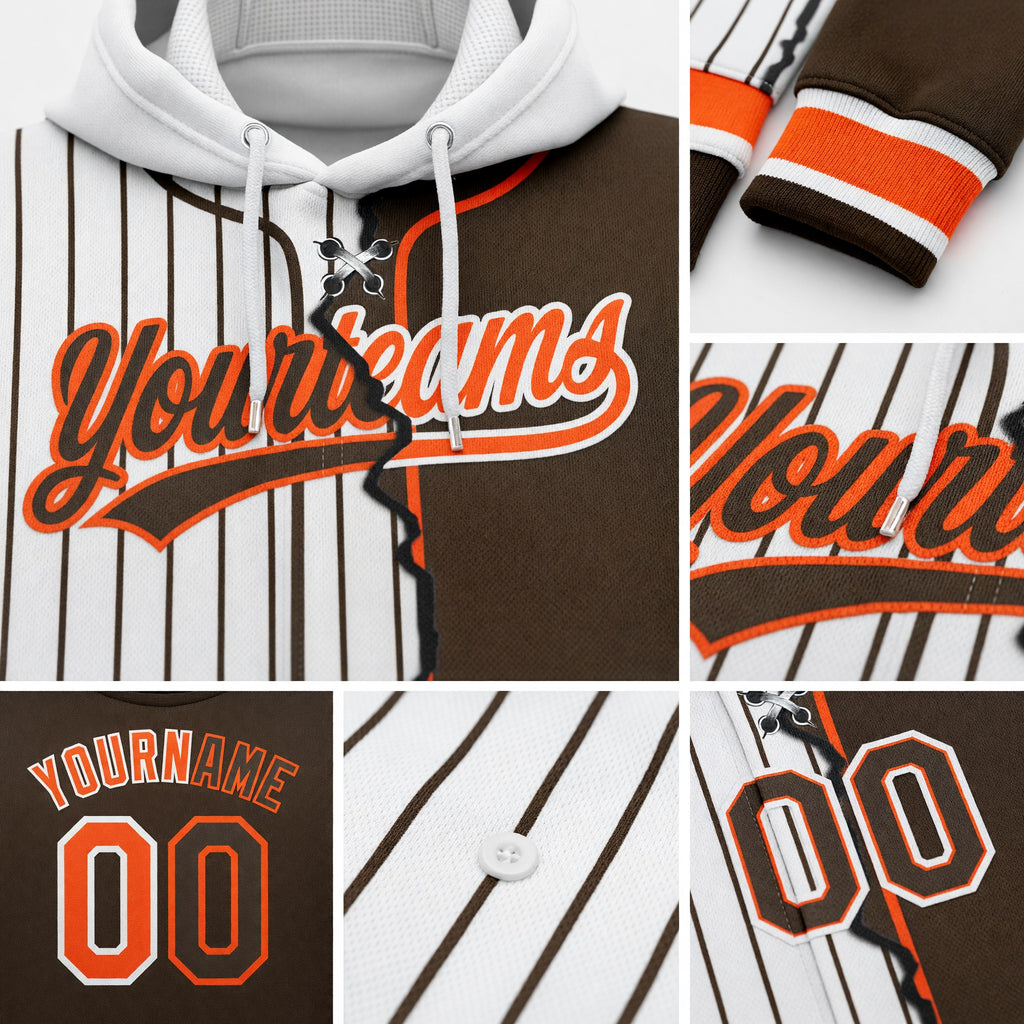 Custom White Brown Pinstripe-Orange Split Ripped Pattern Baseball Pullover Sweatshirt Hoodie detail
