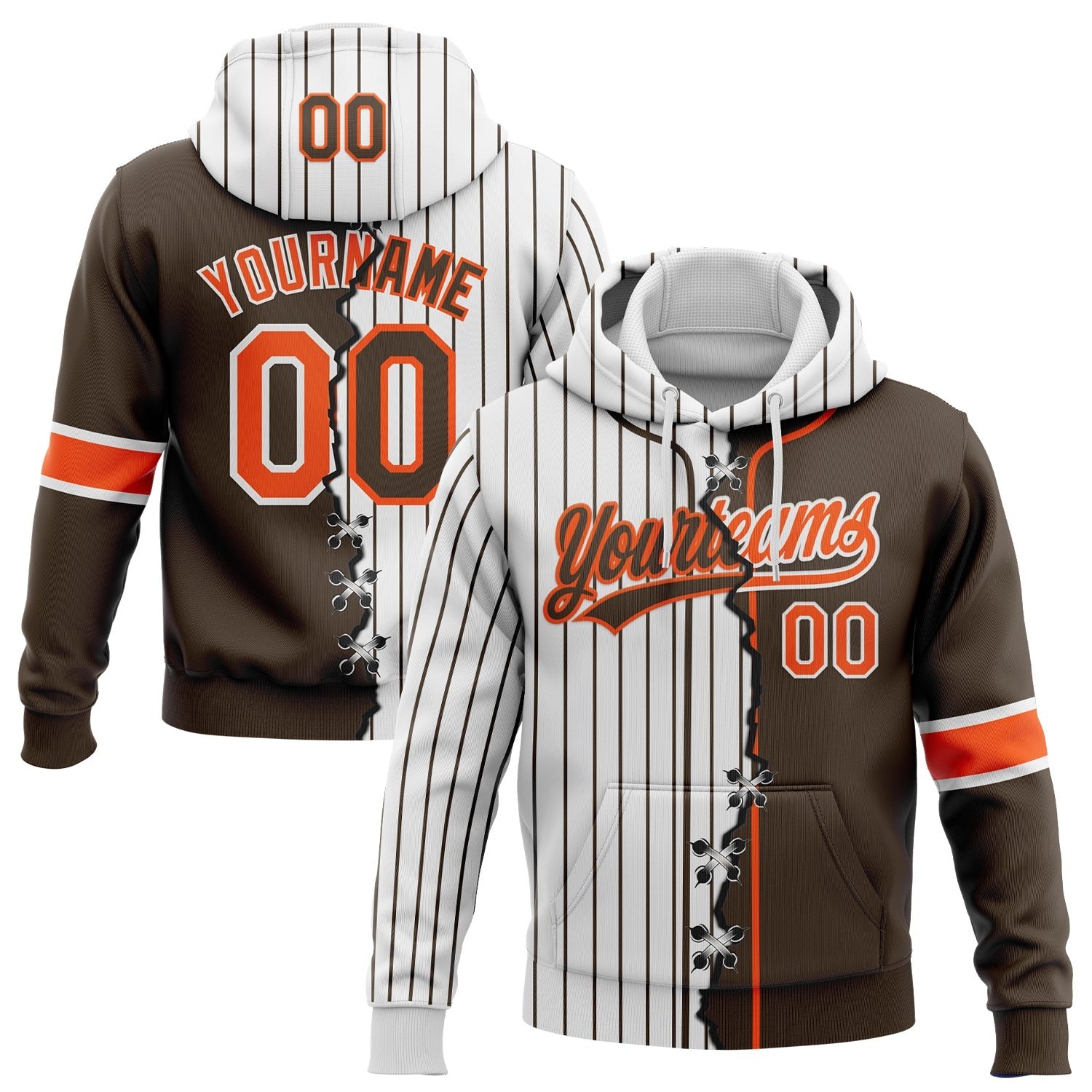 Custom White Brown Pinstripe-Orange Split Ripped Pattern Baseball Pullover Sweatshirt Hoodie photo 1