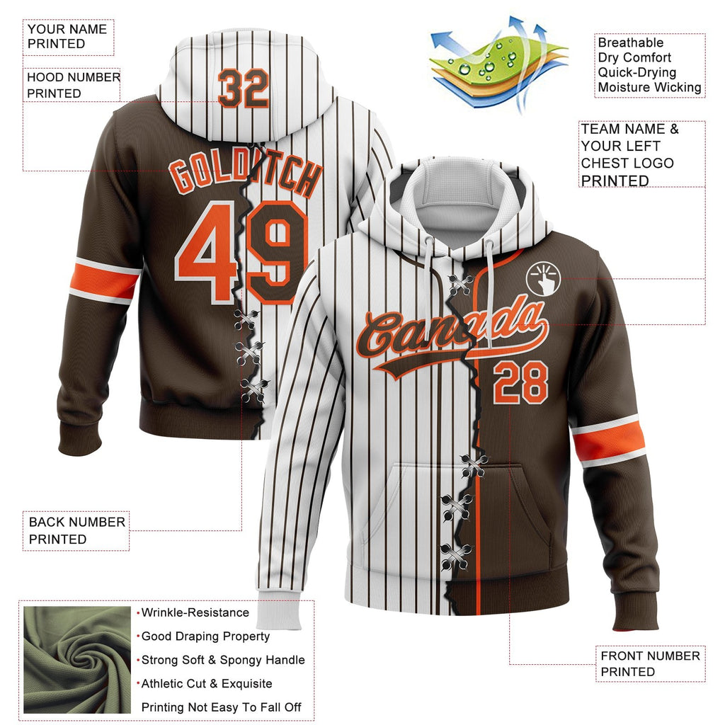 Custom White Brown Pinstripe-Orange Split Ripped Pattern Baseball Pullover Sweatshirt Hoodie photo 3